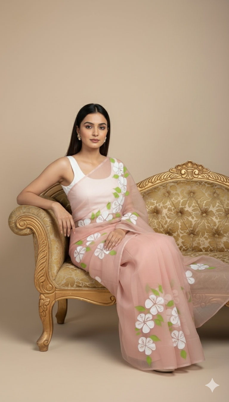 R U K H - S A R  || Pure Chiffon Hand Painted Saree