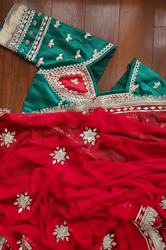 pure chiffon saree with heavy gota patti work
chiffon saree with angi blouse combo
jaipur handcrafted chiffon saree
gota patti wedding chiffon saree
rajasthani saree with blouse combo