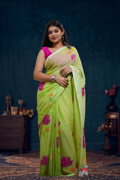 P A D M I N I || (Mint Green) Hand Painted Saree