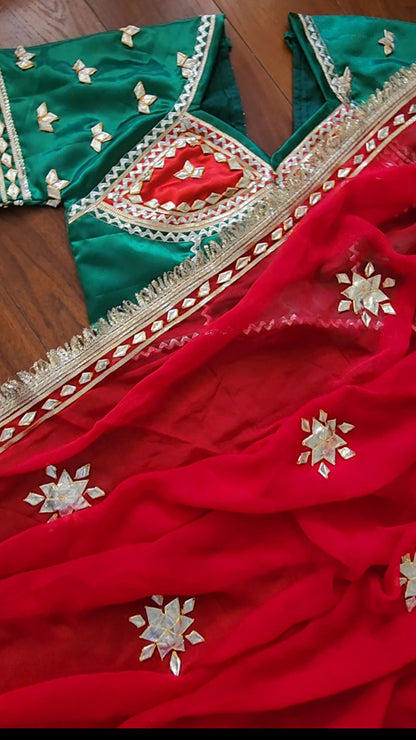 SUHAG || Pure Chiffon Saree with Ready to wear Angi Blouse Gota Patti