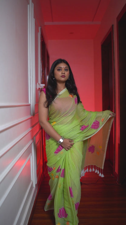 P A D M I N I || (Mint Green) Hand Painted Saree