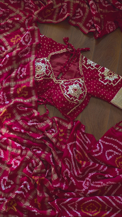 Pure Gajji Silk Rai Bandhej Saree  + Ready to wear Bandhni Aangi Blouse || Kesar