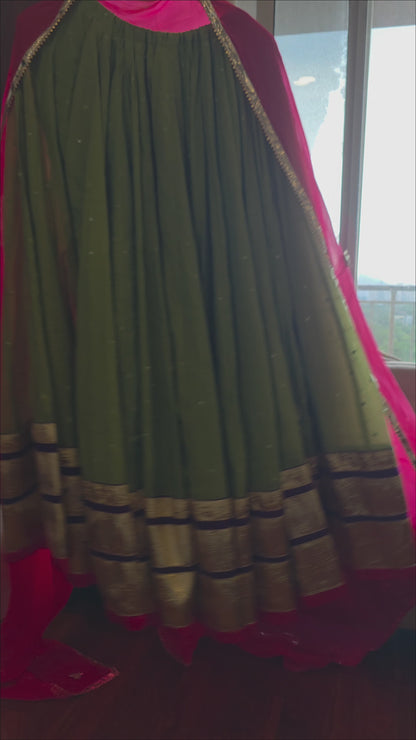 Pink Mull Chanderi 80 Kali Ghaghra Choli Set with Aangi
