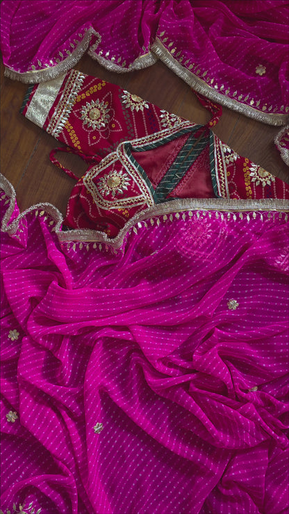 Gota Patti Lahariya Mothra Saree + Ready to wear Bandhni Aangi Blouse || Barkha