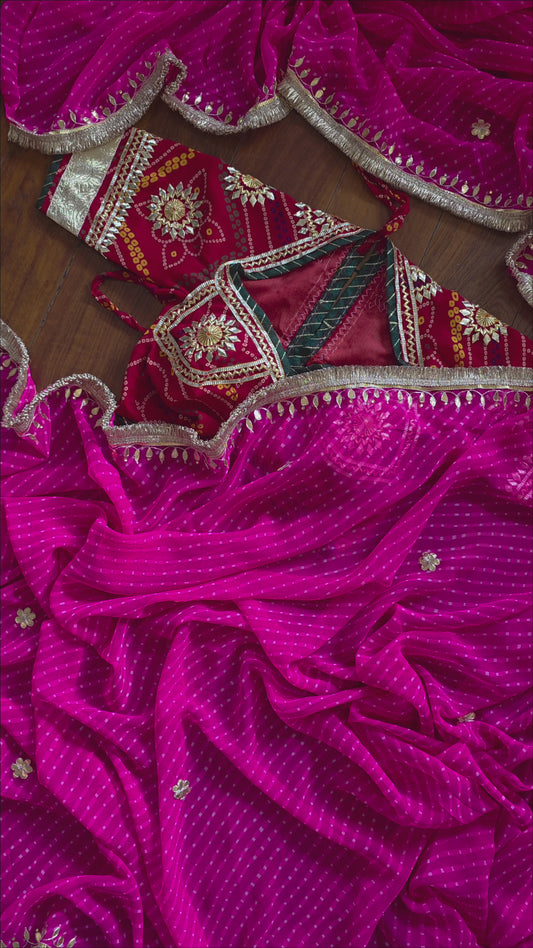 Gota Patti Lahariya Mothra Saree + Ready to wear Bandhni Aangi Blouse || Barkha