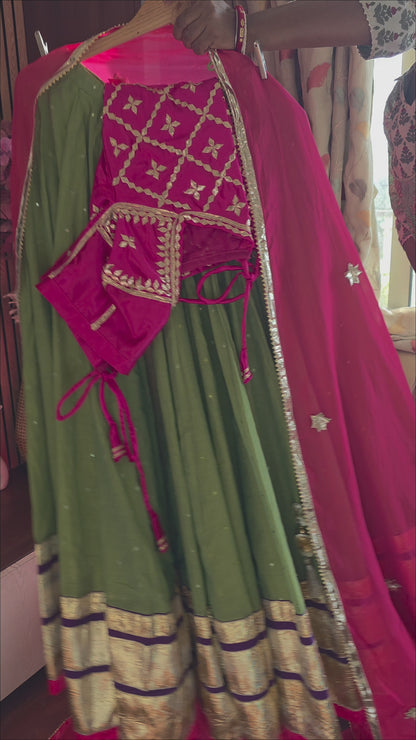 Pink Mull Chanderi 80 Kali Ghaghra Choli Set with Aangi