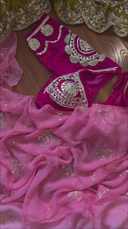 Pure Diamond Chiffon Saree +  Heavy work Aangi - Ghulabi Thand