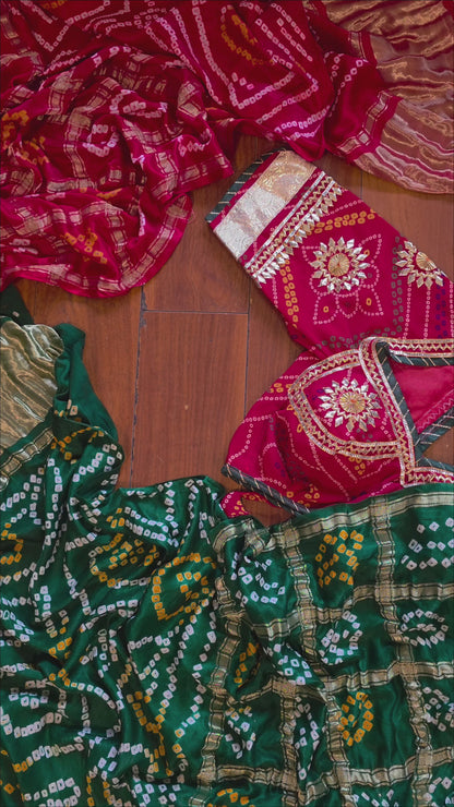 Pure gajji Silk Rai Bandhej  Saree + Ready to wear Bandhni Aangi Blouse || Teejh