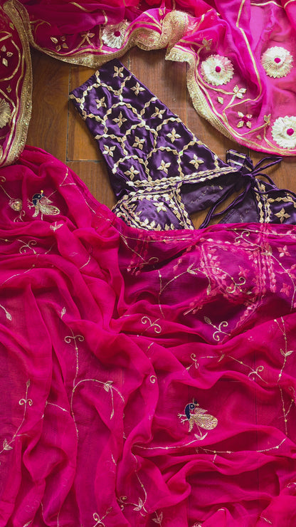 Pure Diamond Chiffon Saree with stitched Purple Aangi || Ramya