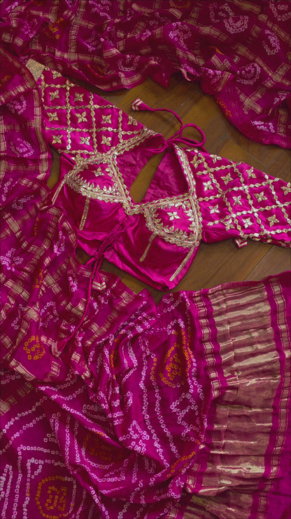 Hot pink Bandhej Pure Gajji Silk saree with Aangi  || Gulabi Jaipur