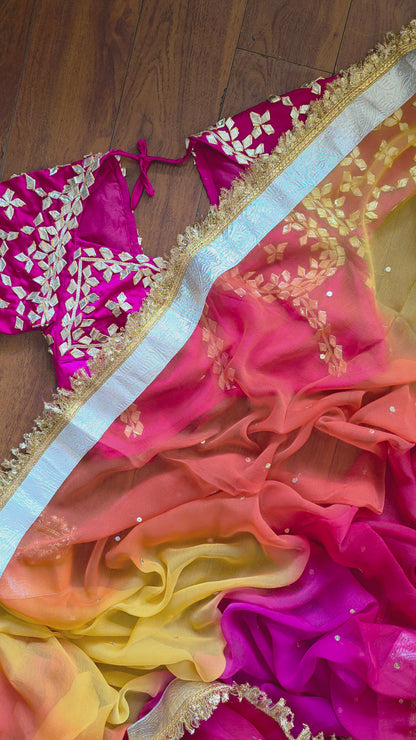 DIamond Chiffon Multi colour Saree with Lampi Border and Kirna Lace + Angi Blouse with Gota work || RangRasia