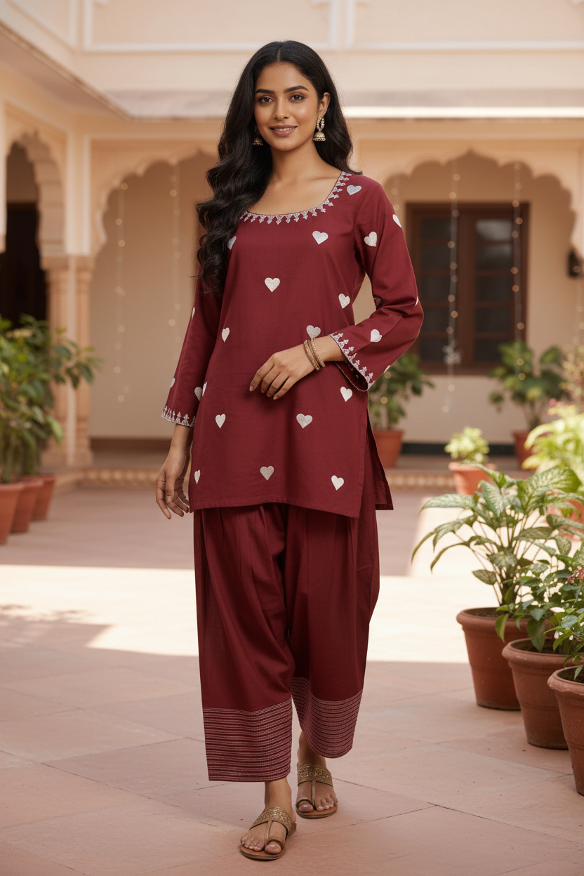 Maroon Heart Embroided Oversized Farshi Salwar Set || Dhadkan