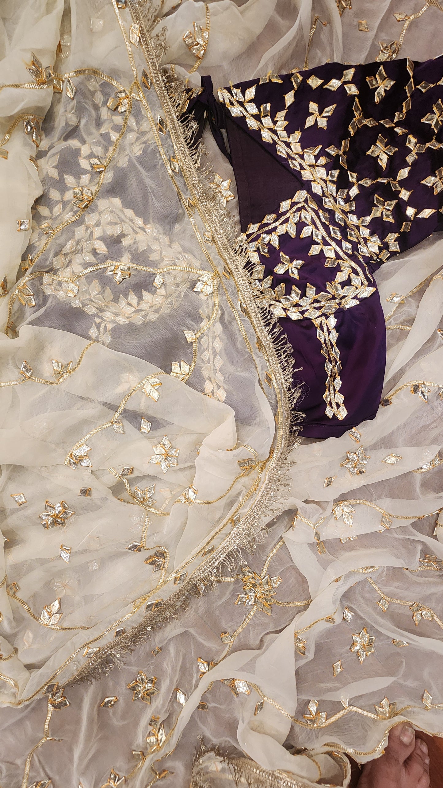 Y U V I N I   || Pure Chiffon Saree with Ready to wear Angi Blouse Gota Patti