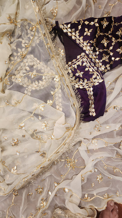 Y U V I N I   || Pure Chiffon Saree with Ready to wear Angi Blouse Gota Patti