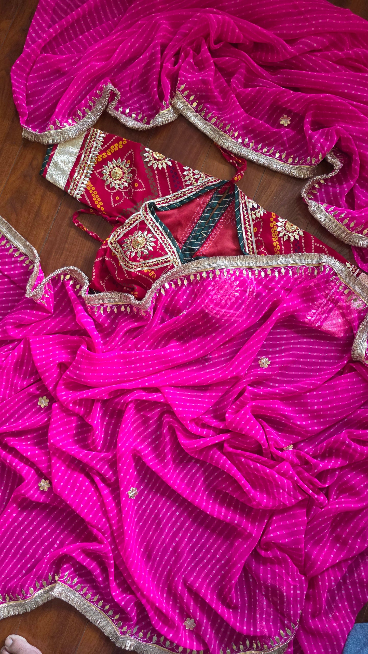 Gota Patti Lahariya Mothra Saree + Ready to wear Bandhni Aangi Blouse || Barkha