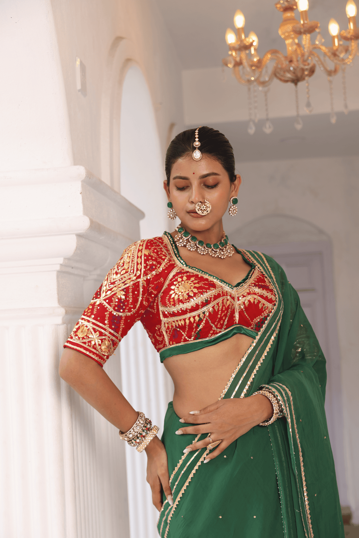 Red Bandani Aangi Blouse with intricate Sequence Lace and Got Work || Jivika