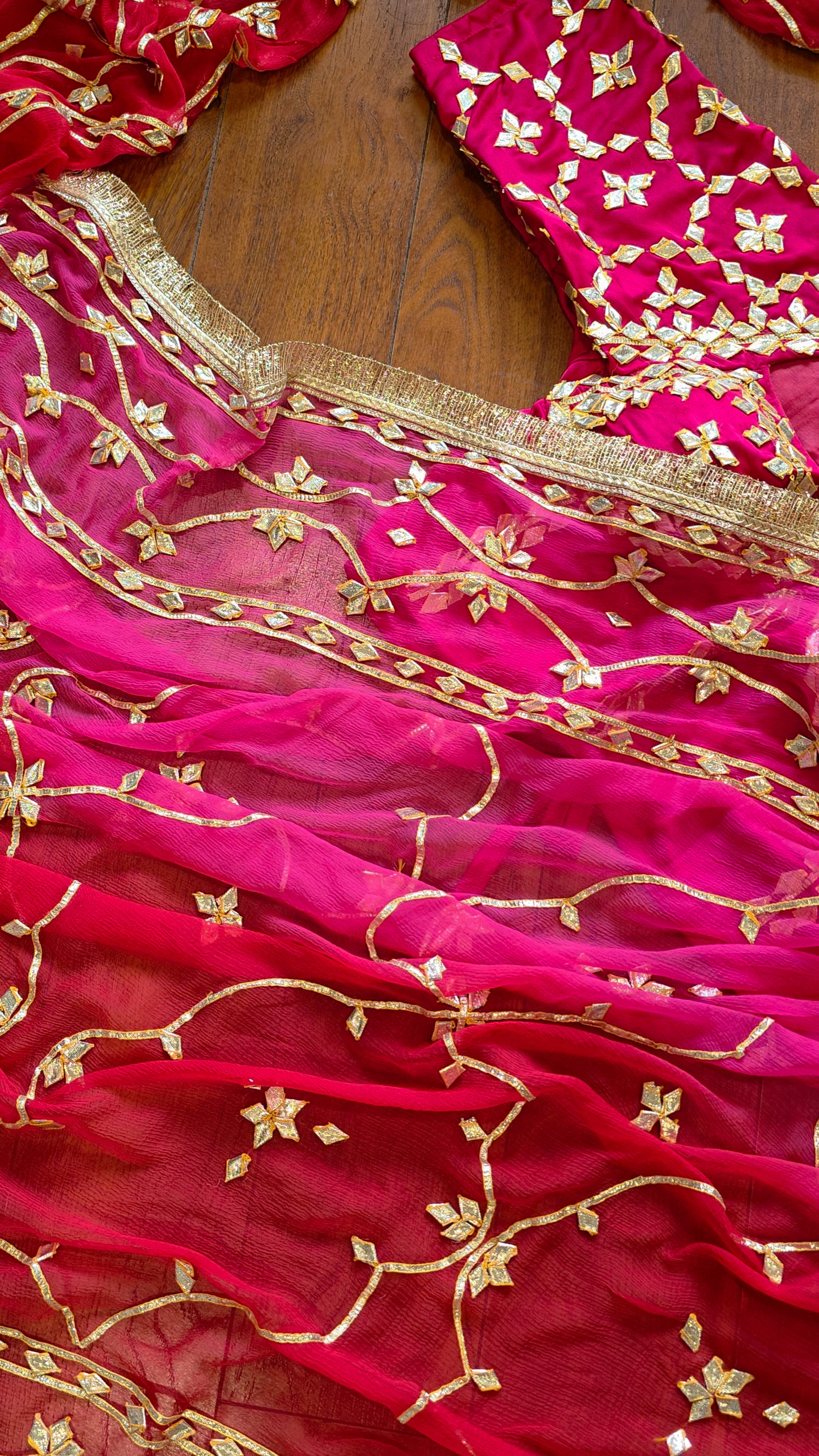 Pure Diamond Chiffon Saree with stitched Pink Aagi