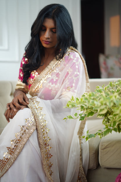 Pure Diamond Chiffon Saree with Gota Patti & Angi Blouse Combo || Gulab