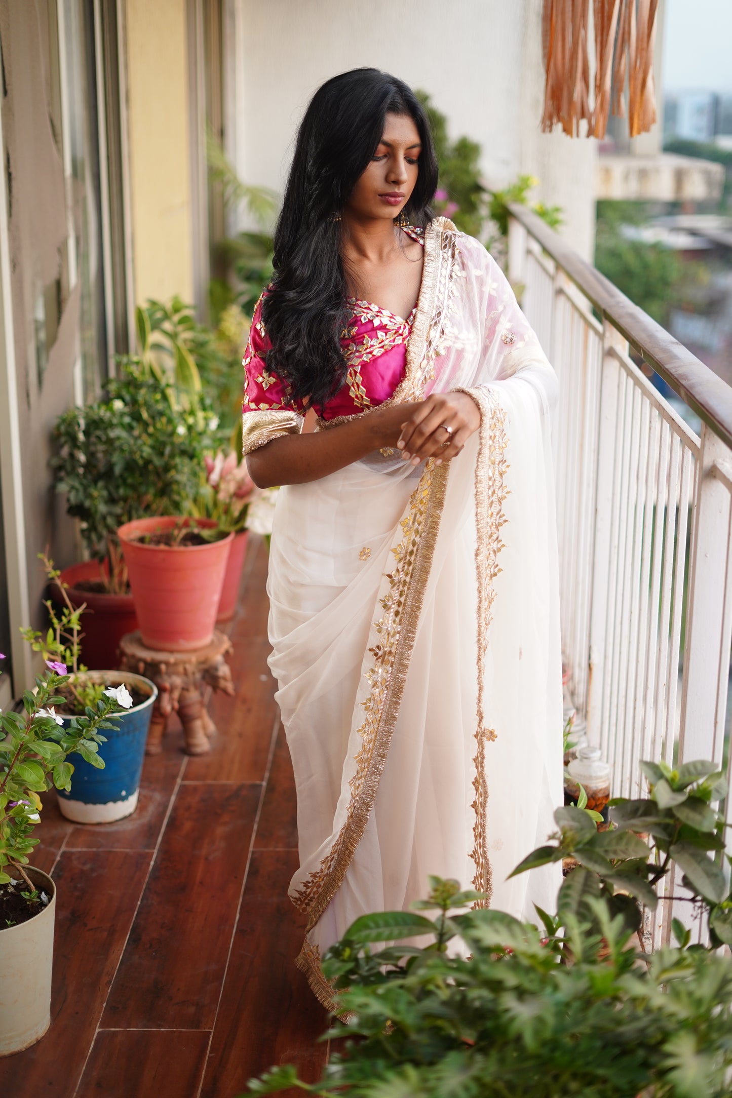 Pure Diamond Chiffon Saree with Gota Patti & Angi Blouse Combo || Gulab