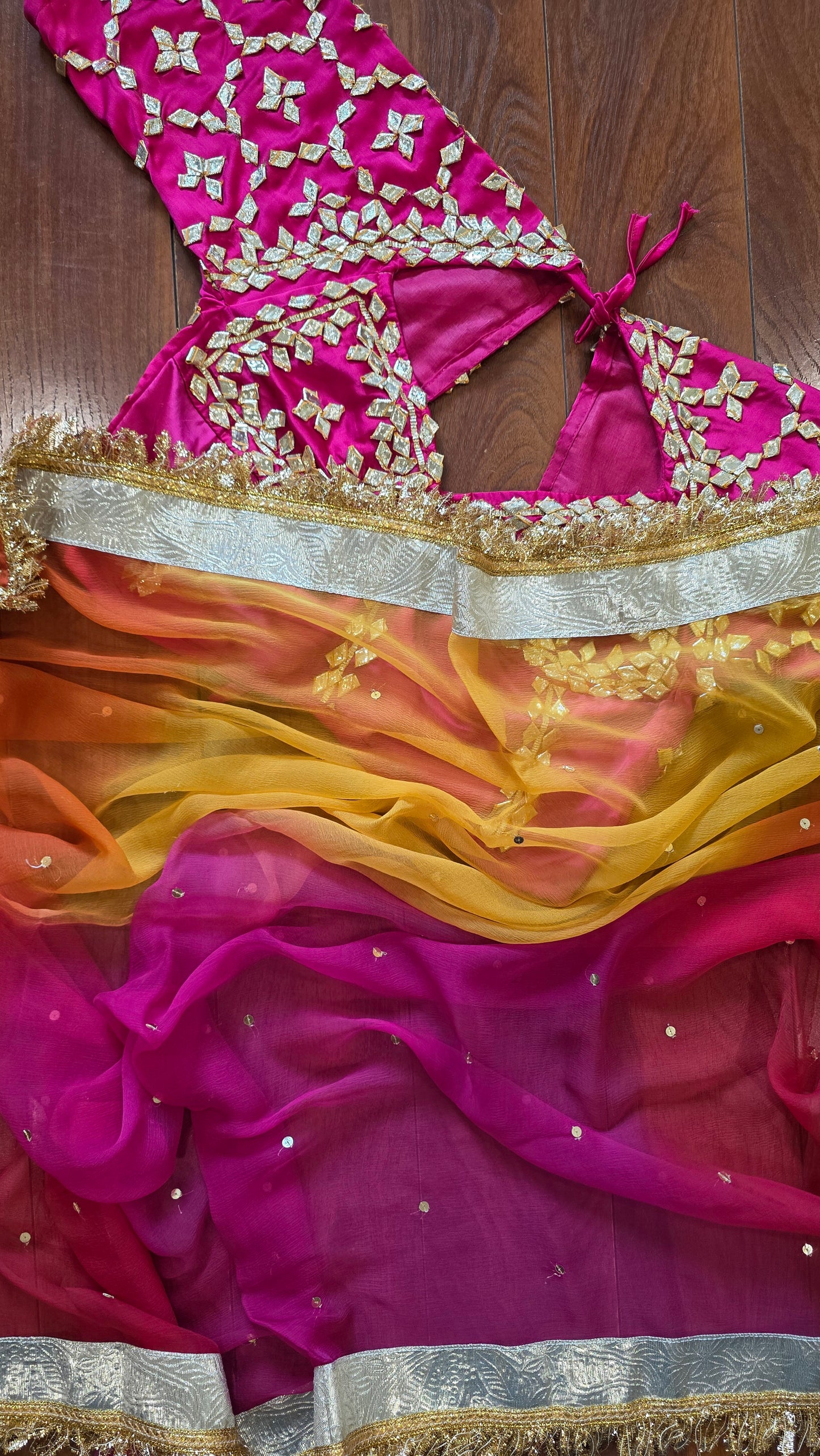 DIamond Chiffon Multi colour Saree with Lampi Border and Kirna Lace + Angi Blouse with Gota work || RangRasia