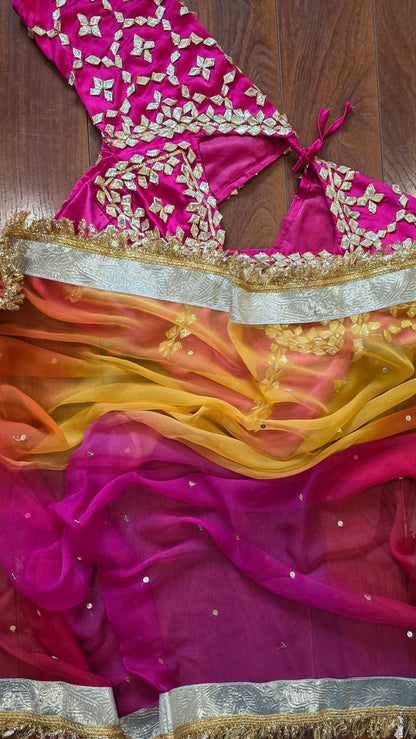 DIamond Chiffon Multi colour Saree with Lampi Border and Kirna Lace + Angi Blouse with Gota work || RangRasia