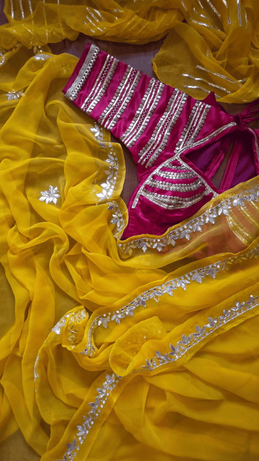 Yellow Pure Chiffon Saree with Gota Patti Work and Aangi Blouse