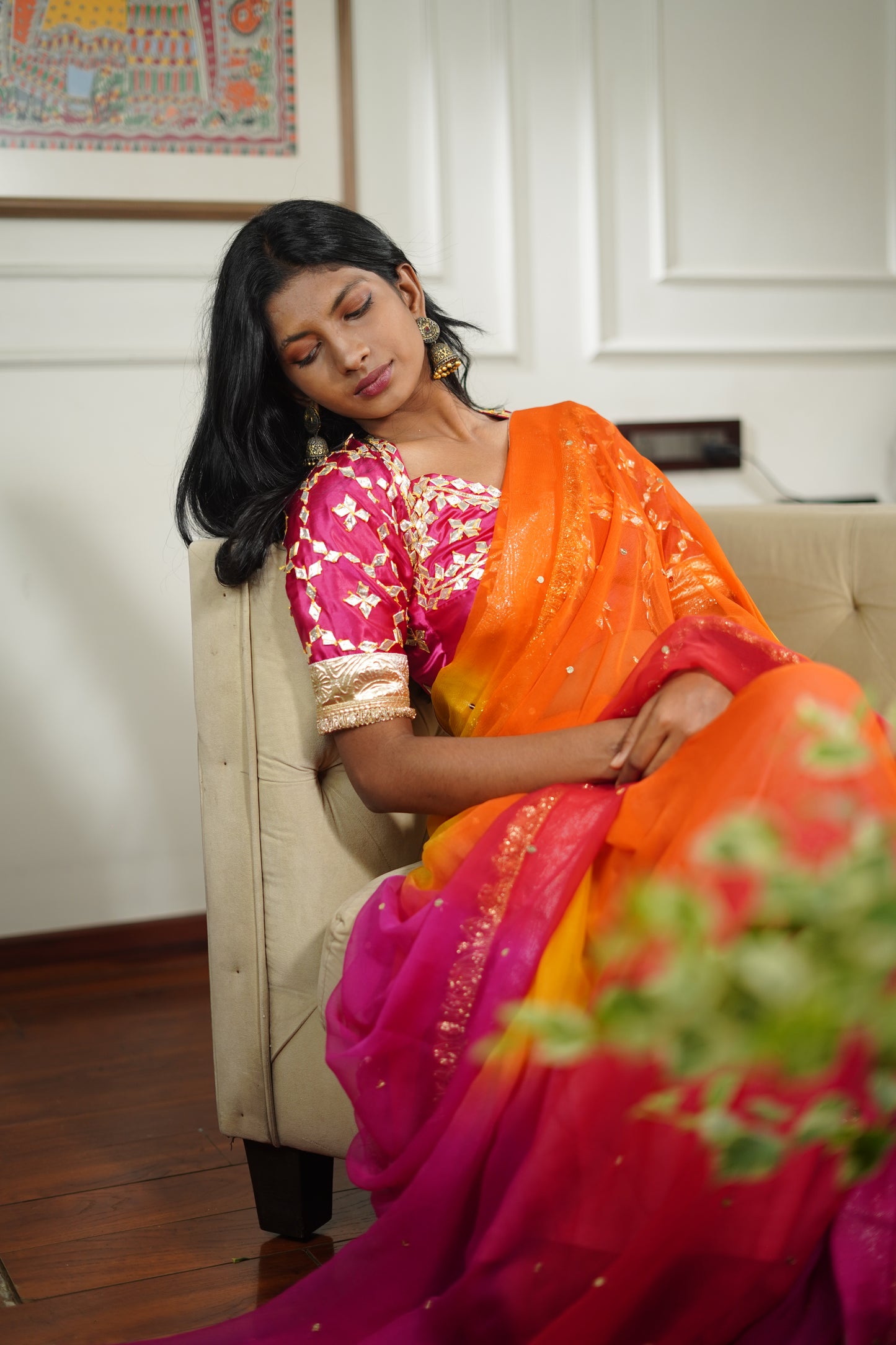 DIamond Chiffon Multi colour Saree with Lampi Border and Kirna Lace + Angi Blouse with Gota work || RangRasia