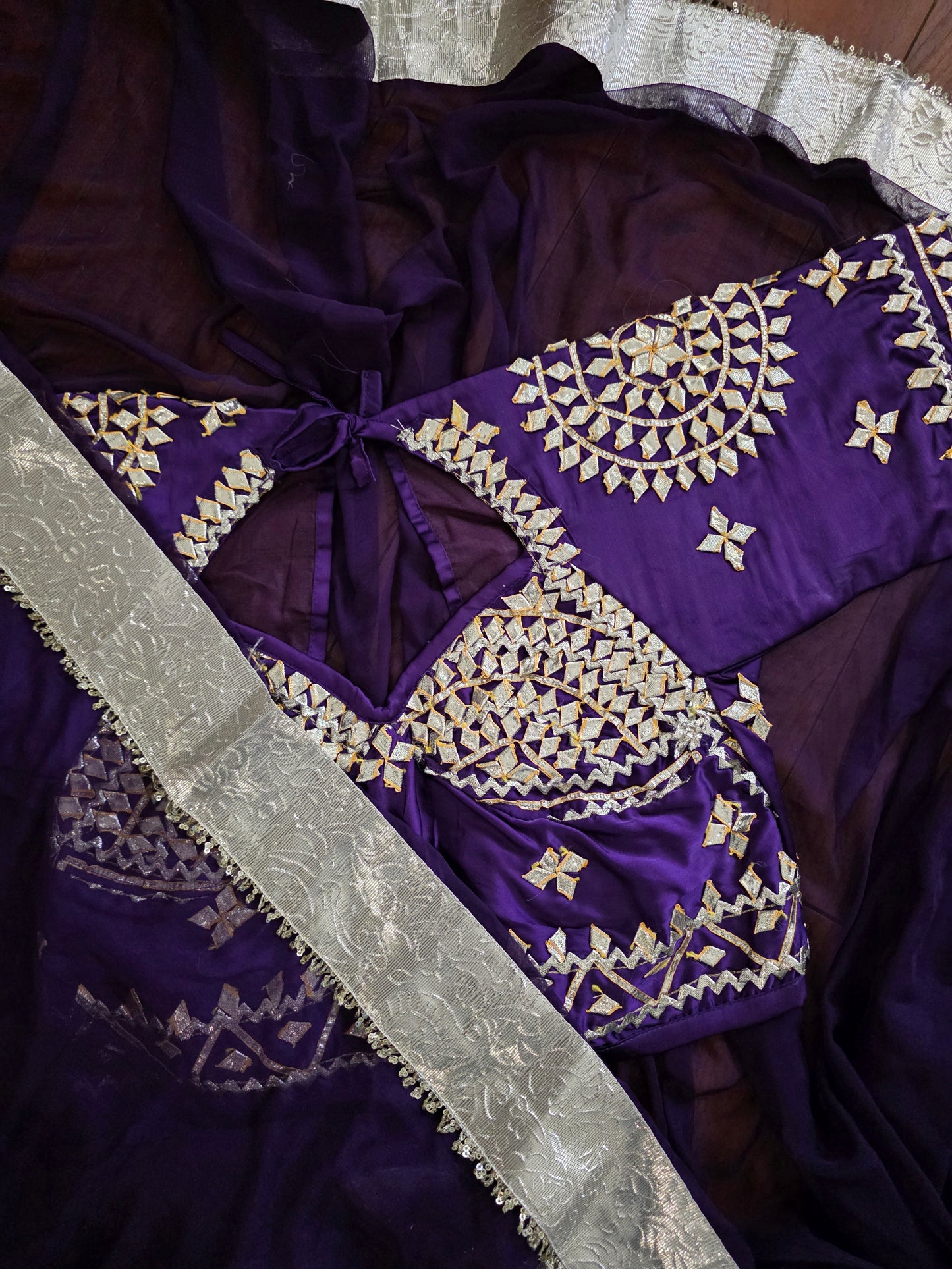 DIamond Chiffon Purple Saree with Lampi Border and Kirna Lace + Angi Blouse with Gota work || Albeli