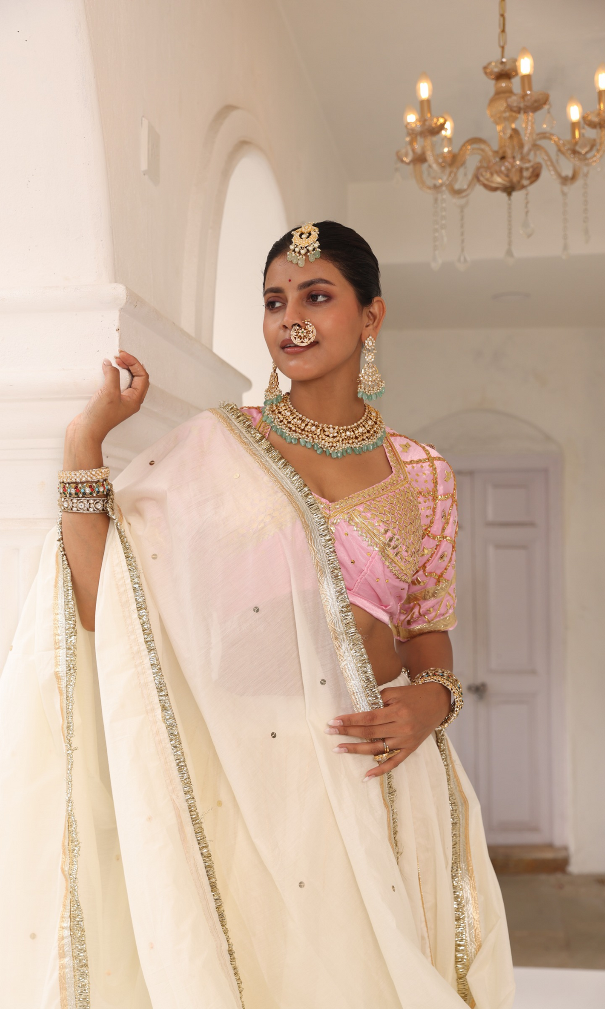 White Mull Chanderi 80 Kali Ghaghra Choli Set  || Safeda
