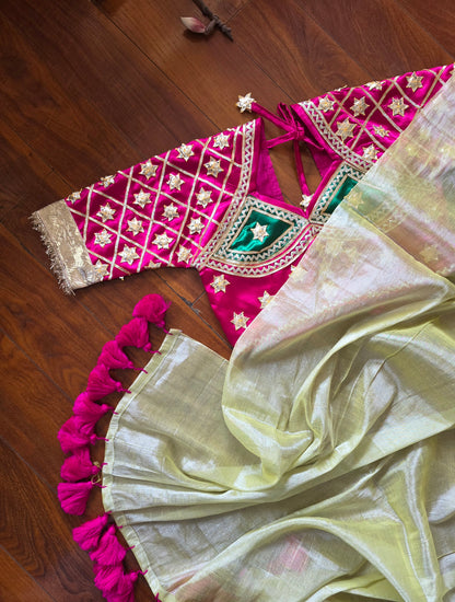 Lemon Yellow Tissue saree with Tussle + Pink Angi Blouse with Gota work