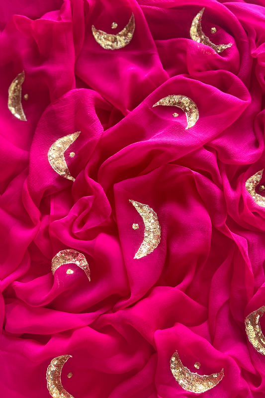 Rani Pink Pure Diamond Chiffon Saree with Chand Sitara Hand Work || ADA