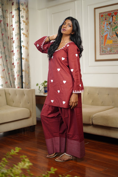 Maroon Heart Embroided Oversized Farshi Salwar Set || Dhadkan