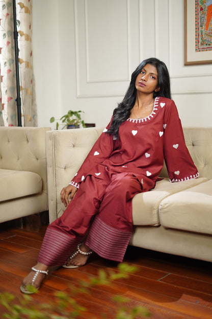 Maroon Heart Embroided Oversized Farshi Salwar Set || Dhadkan