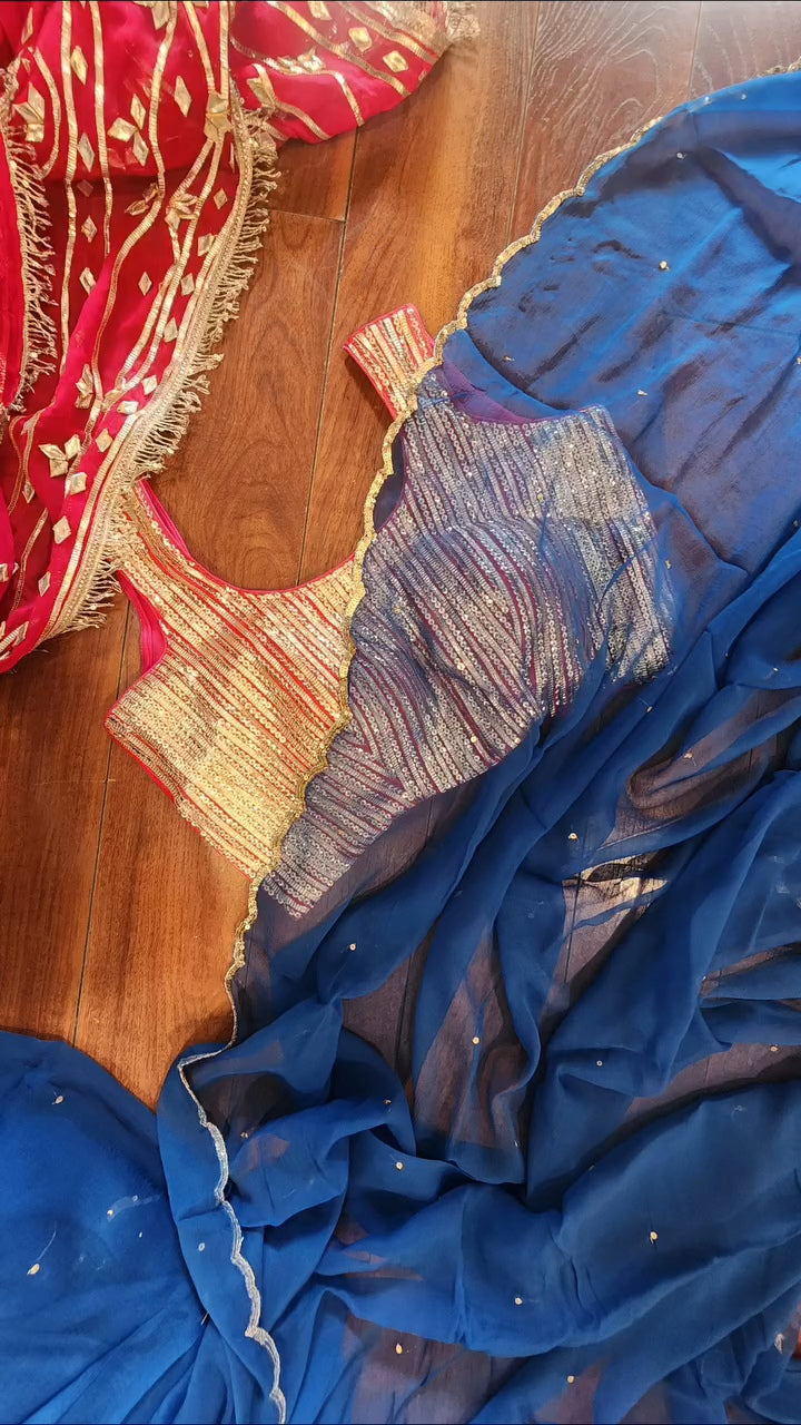 Blue Diamond Chiffon Saree + Sequence and Gota Blouse Combo || Blue Lagoon