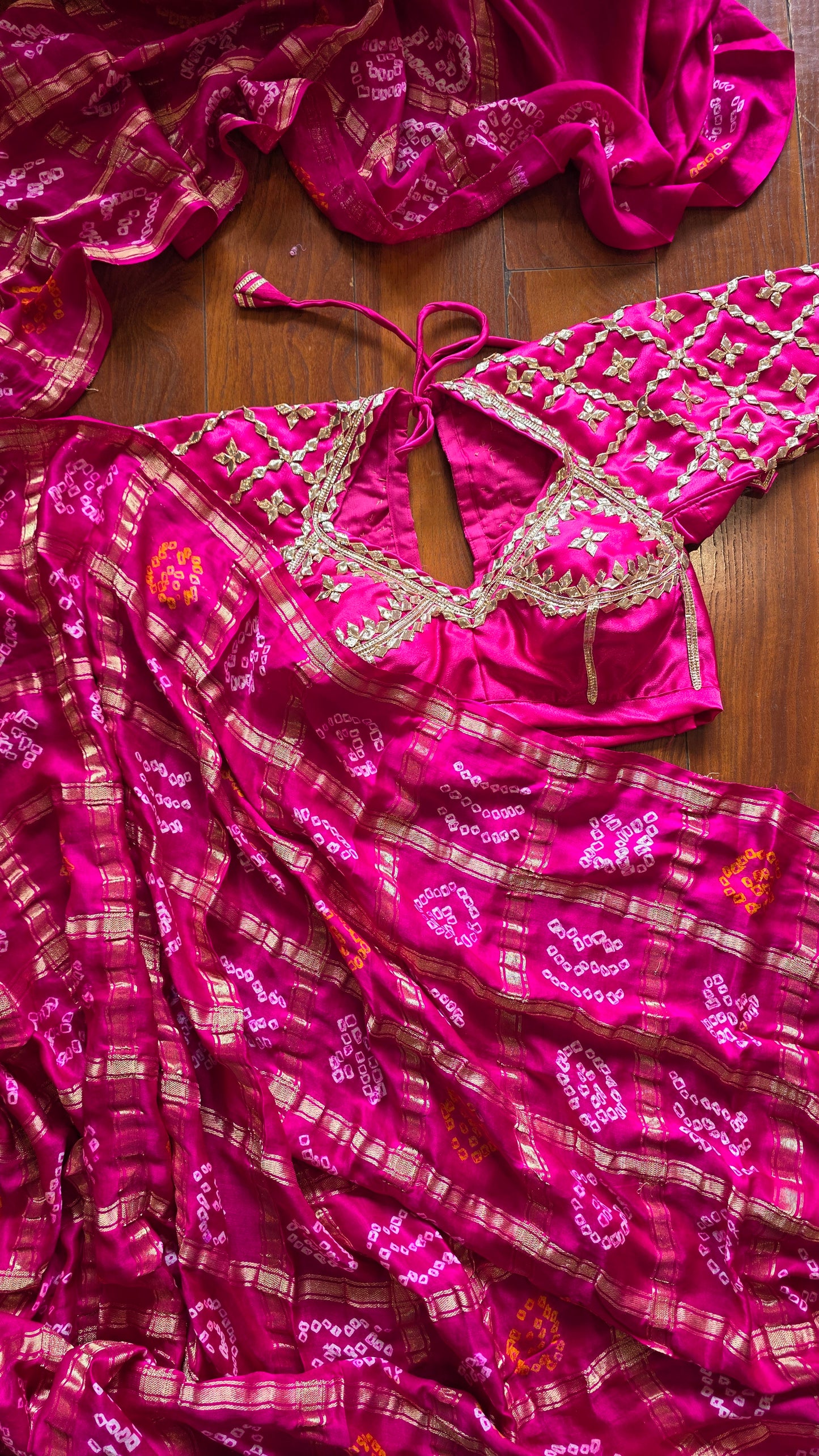 Hot pink Bandhej Pure Gajji Silk saree with Aangi  || Gulabi Jaipur