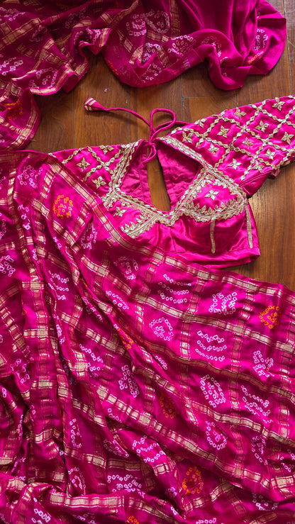 Hot pink Bandhej Pure Gajji Silk saree with Aangi  || Gulabi Jaipur