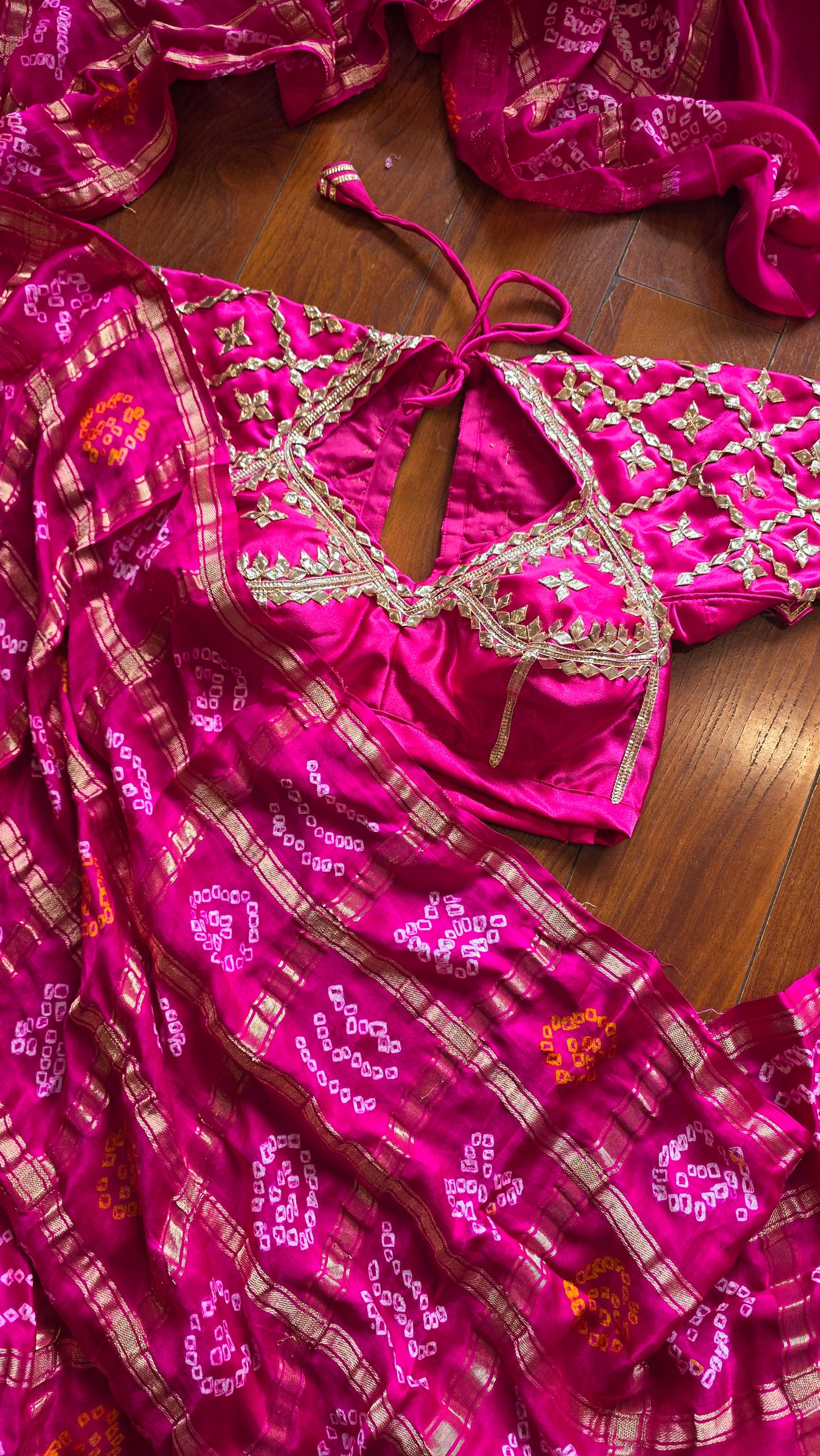Hot pink Bandhej Pure Gajji Silk saree with Aangi  || Gulabi Jaipur