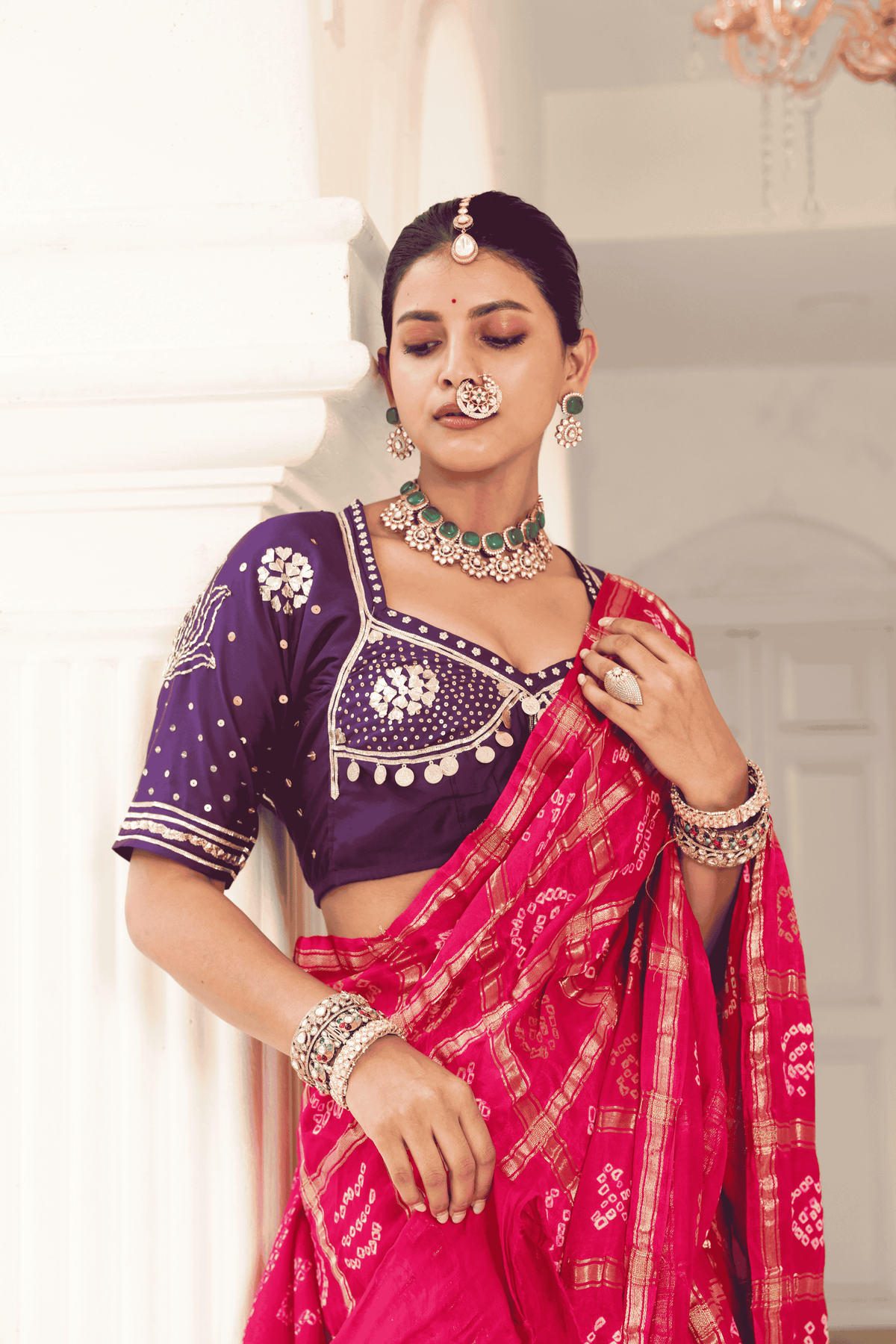 Pink Pure Gajji Silk Saree with Purple Aangi