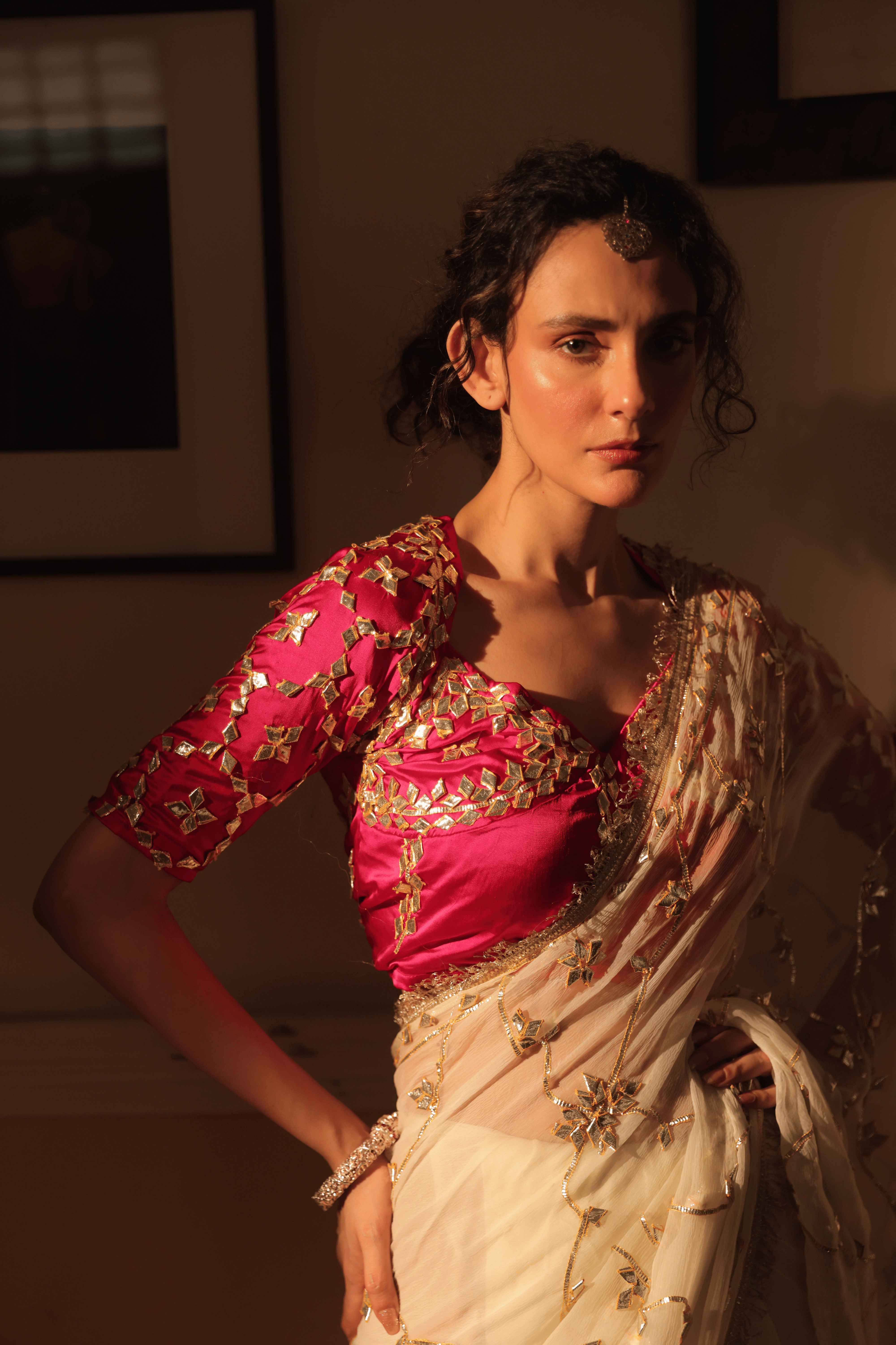 Pink Fuschia Aangi Blouse without with Intricate Gota Patti Work || Hema