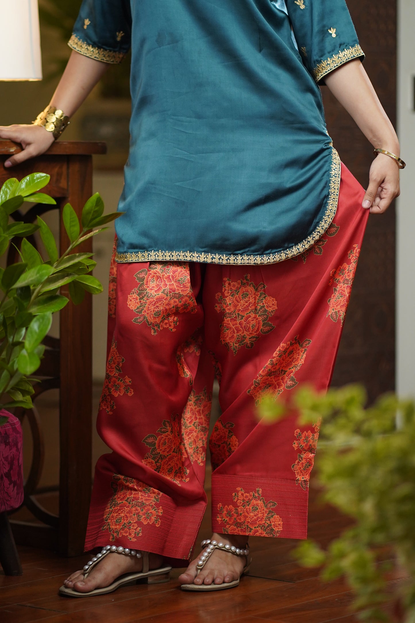 Olive Green and Red Farshi Shalwar set || Reena
