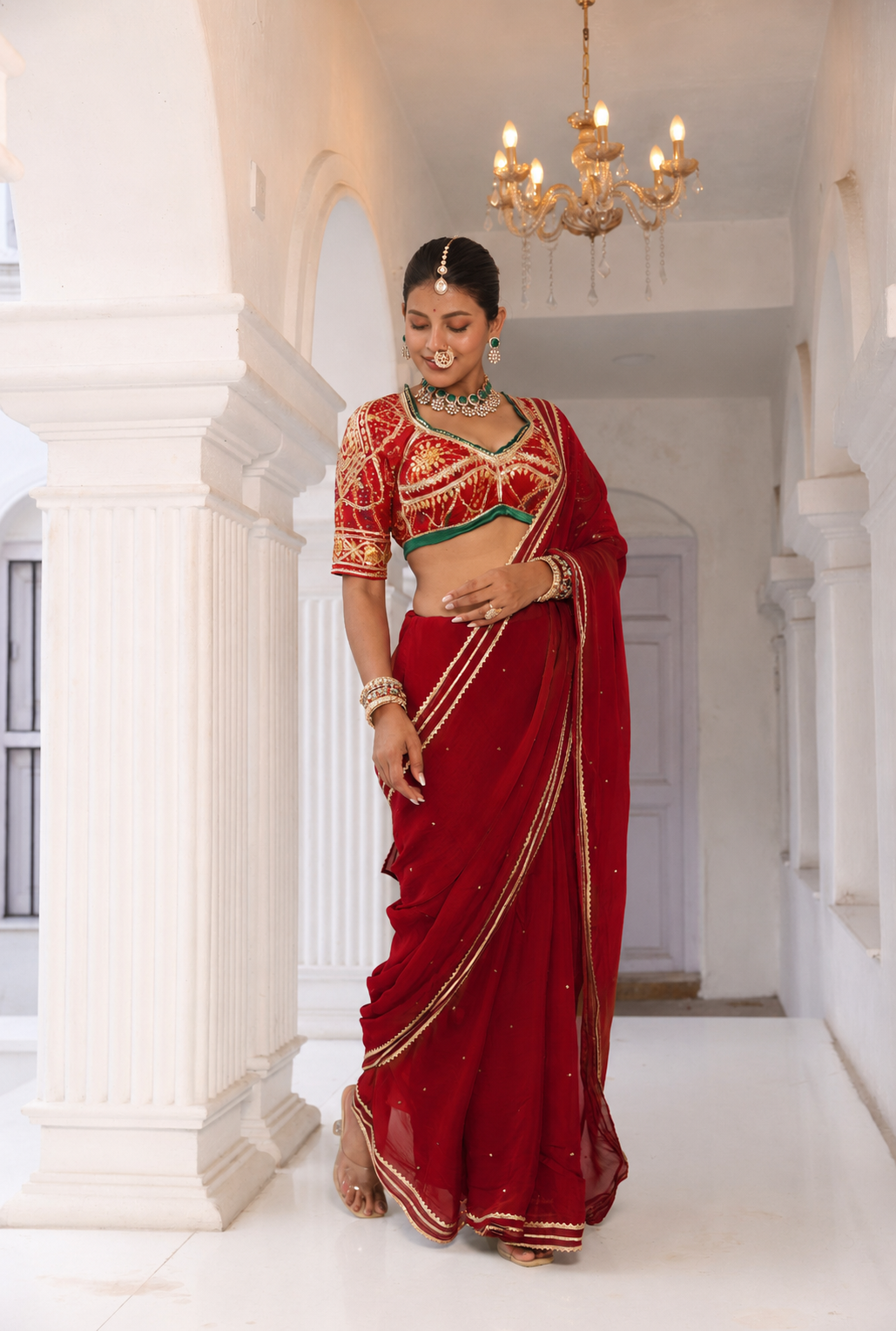 Red Gota Patti Saree + Aangi || Sindoor