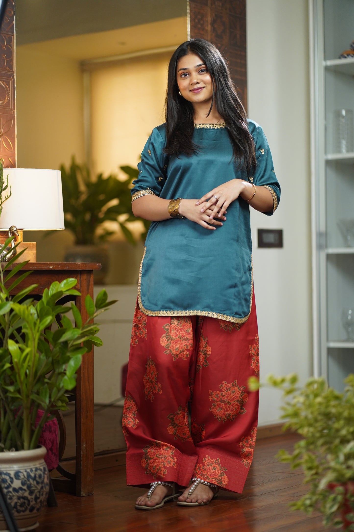 Olive Green and Red Farshi Shalwar set || Reena