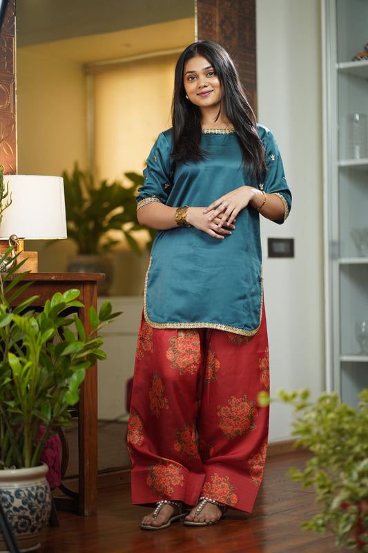 Olive Green and Red Farshi Shalwar set || Reena