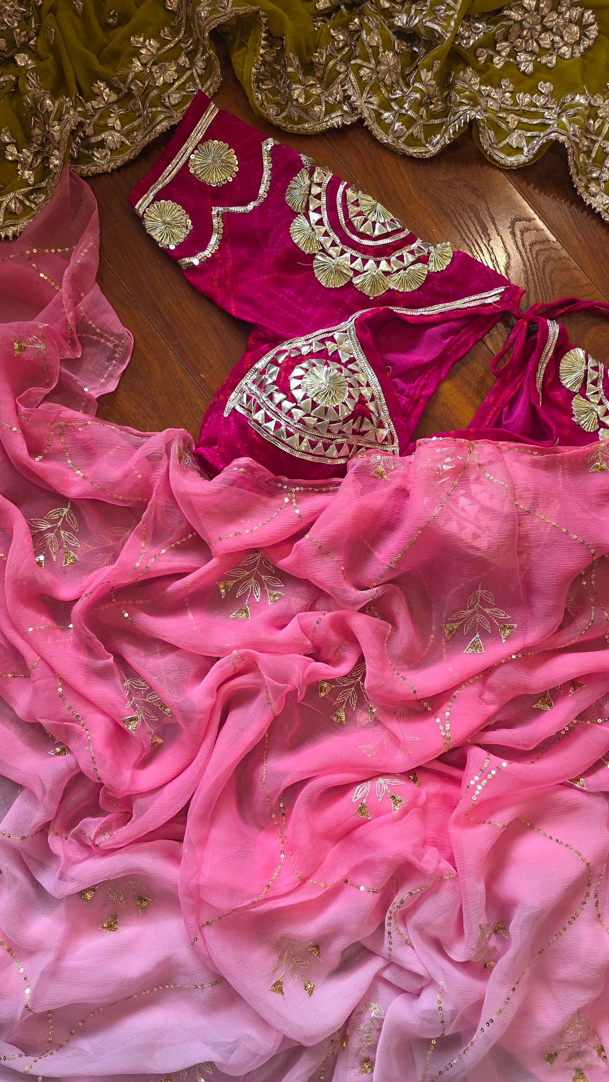 Pure Diamond Chiffon Saree +  Heavy work Aangi - Ghulabi Thand