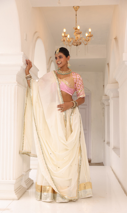 White Mull Chanderi 80 Kali Ghaghra Choli Set  || Safeda
