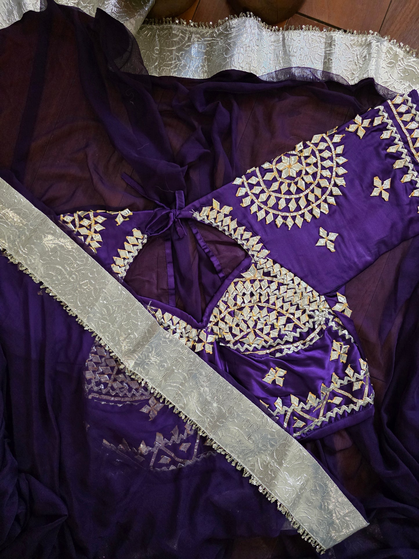 DIamond Chiffon Purple Saree with Lampi Border and Kirna Lace + Angi Blouse with Gota work || Albeli