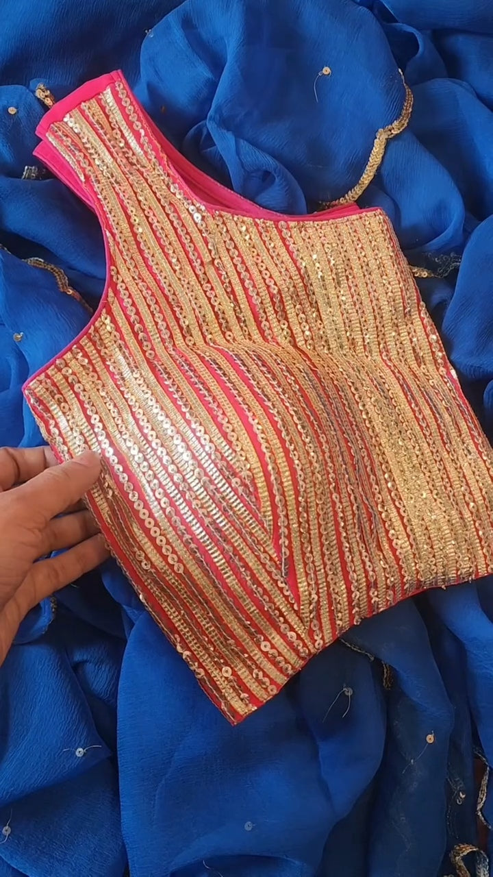 Blue Diamond Chiffon Saree + Sequence and Gota Blouse Combo || Blue Lagoon