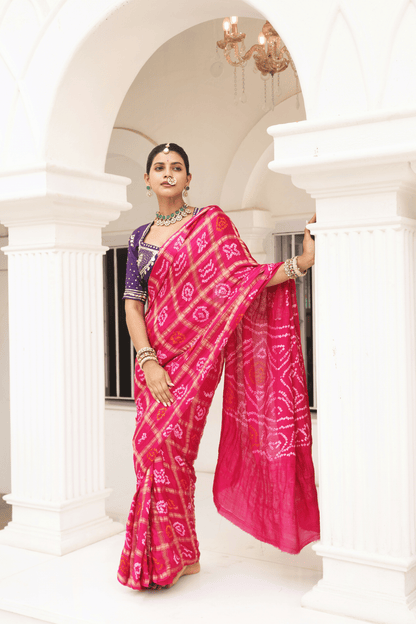 Pink Pure Gajji Silk Saree with Purple Aangi