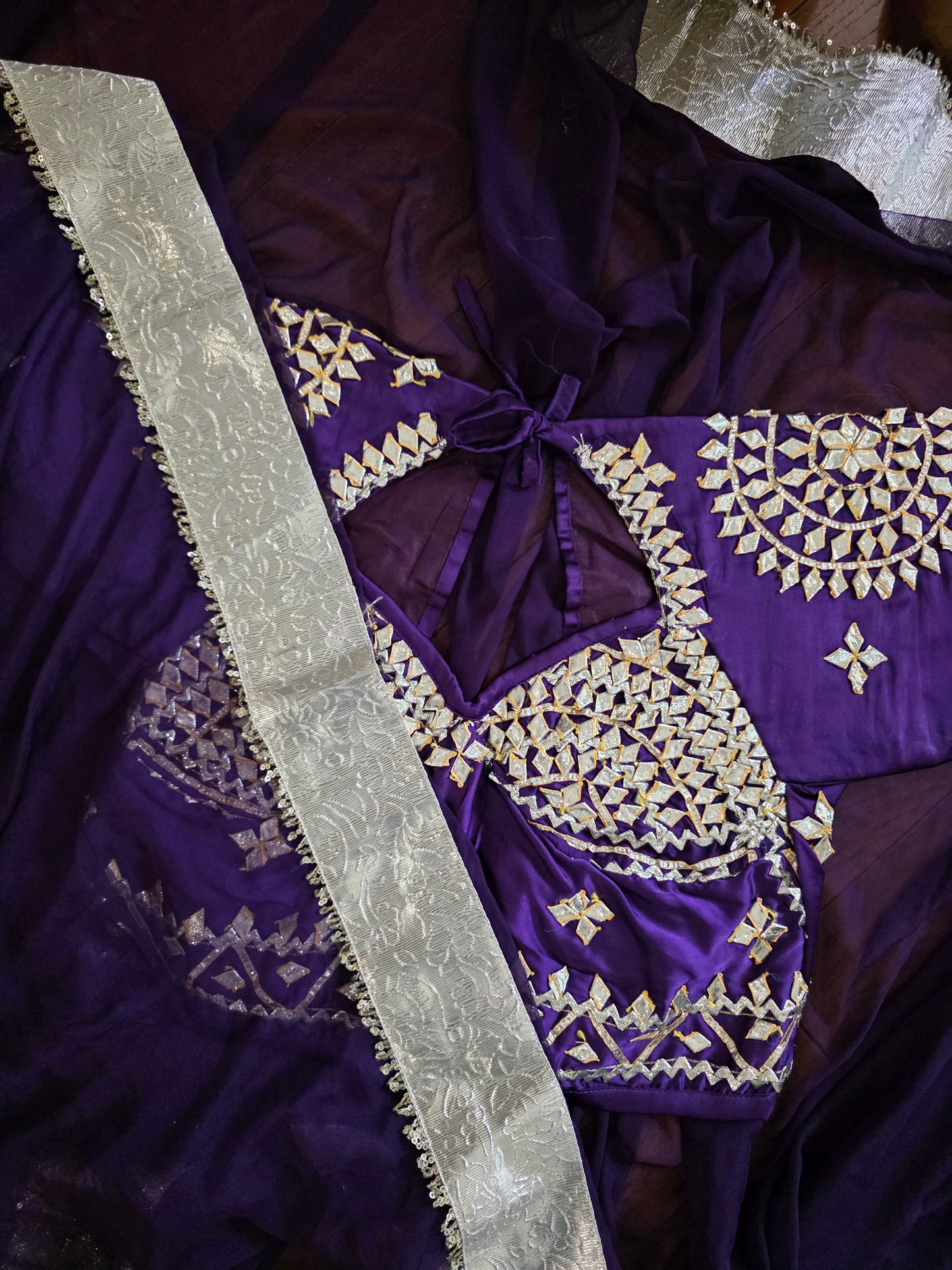 DIamond Chiffon Purple Saree with Lampi Border and Kirna Lace + Angi Blouse with Gota work || Albeli