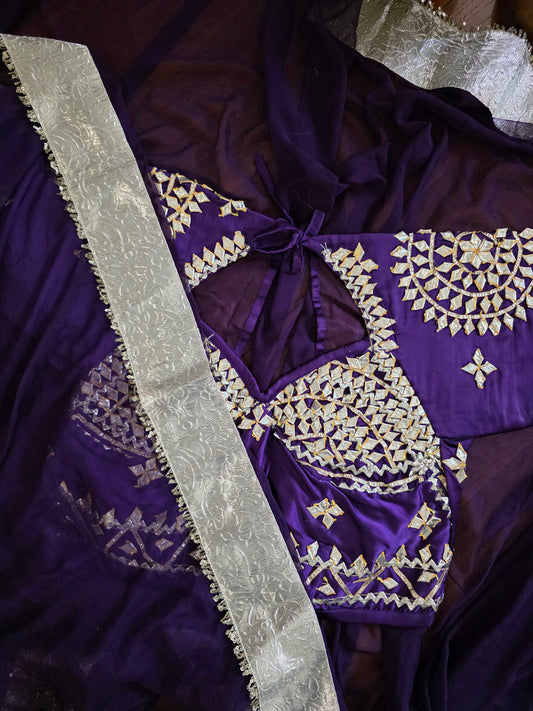 DIamond Chiffon Purple Saree with Lampi Border and Kirna Lace + Angi Blouse with Gota work || Albeli
